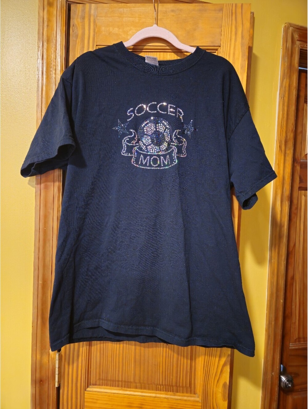 Bedazzled Soccer Mom Shirt Black Silver Glitter Sequin Womens Size XL